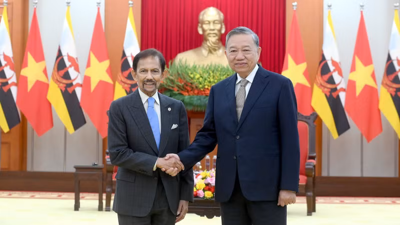 Le secrétaire général du Parti communiste du Vietnam, To Lam, (droite) et le Sultan de Brunei, Haji Hassanal Bolkiah, en visite d'État au Vietnam. Photo : NDEL.