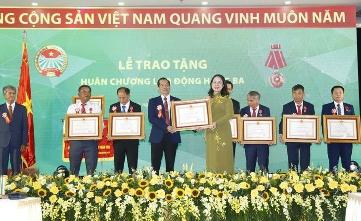 La vice-présidente de la République Vo Thi Anh Xuân remet l'Ordre du Travail de troisième classe à l’Association des paysans pour la libération du Centre et des Hauts Plateaux du Vietnam. Photo: nld.com.vn