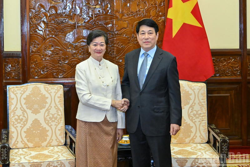 Le président vietnamien Luong Cuong a reçu le 29 décembre l'ambassadrice du Cambodge à Hanoï, Chea Kimtha, venue prendre congé au terme de son mandat au Vietnam. Photo : NDEL.