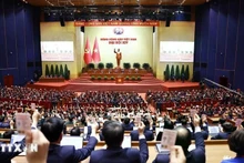 Les délégués votent l'adoption de la Résolution du XIVe Congrès national du Parti communiste vietnamien. (Photo : VNA)