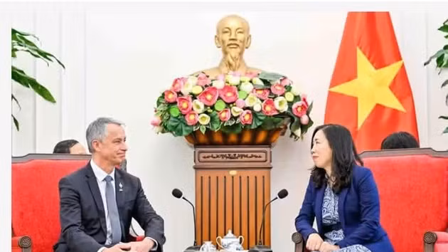 La vice-ministre des Affaires étrangères, Le Thi Thu Hang et le président de la Commission de la défense nationale et des forces armées de l’Assemblée nationale française, Jean-Michel Jacques. Photo : baoquocte.vn