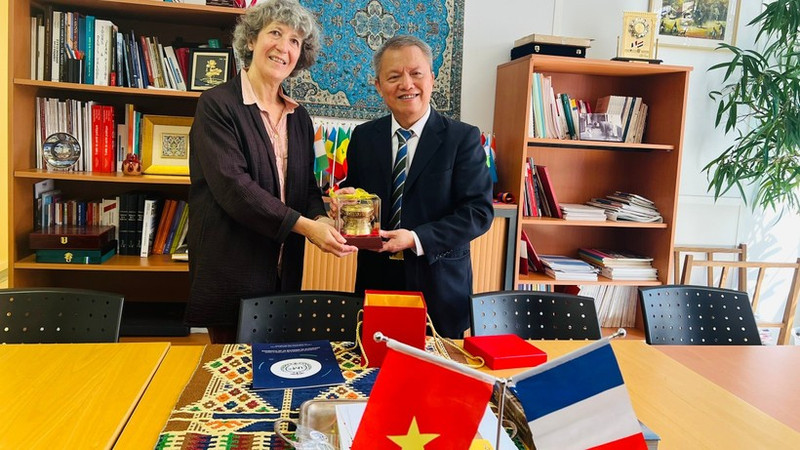 La Dre Florence Veber, directrice de la coopération internationale de l’AP-HP, échange et le Professeur, docteur Le Ngoc Thanh (à droite). Photo : nhandan.vn