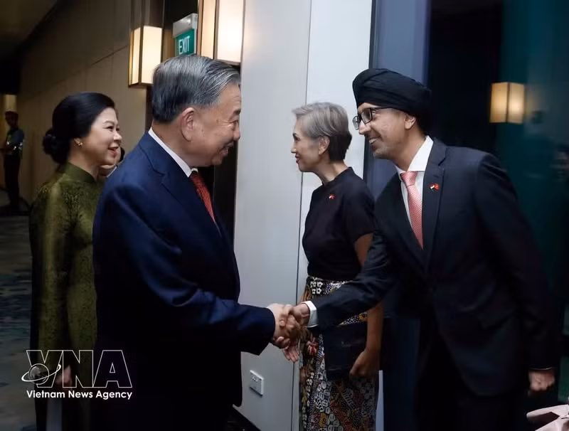 Des dirigeants singapouriens accueillent le secrétaire général et président To Lam et son épouse à l'aéroport de Changi, à Singapour. Photo : VNA.