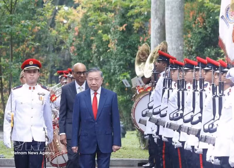 Le secrétaire général et président To Lam et le président singapourien Tharman Shanmugaratnam passent en revue la garde d'honneur. Photo : VNA