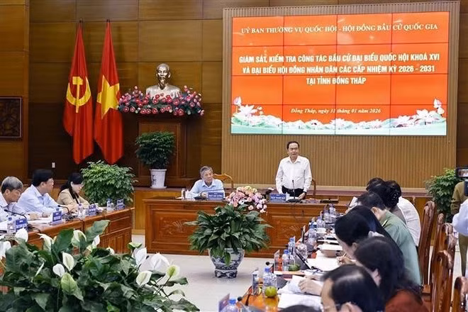 Tran Thanh Man inspecte les préparatifs des élections législatives à Dong Thap. Photo : VNA