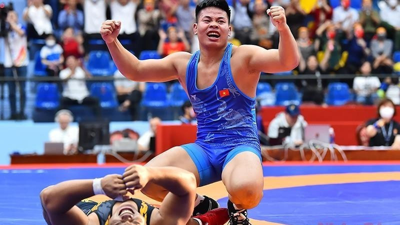 Les athlètes de l’équipe nationale de lutte du Vietnam participent aux 31ᵉ Jeux d’Asie du Sud-Est (SEA Games). Photo: nhandan.vn