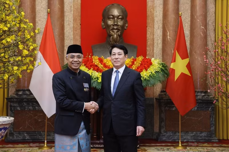 Le président de la République, Luong Cuong (droite), reçoit le 6 février à Hanoï l'ambassadeur d’Indonésie, Adam Mulawarman Tugio. Photo : VNA.