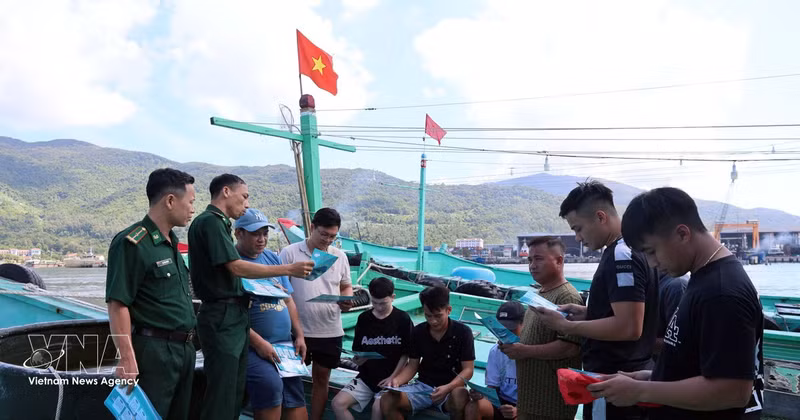 Des agents du Commandement des gardes-frontières de Da Nang sensibilisent les pêcheurs locaux à la pêche INN. Photo : VNA.