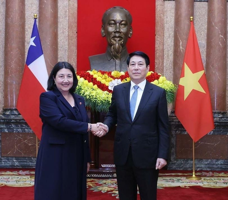 Le président vietnamien Luong Cuong reçoit l’ambassadrice de la République du Chili Nasly Isabel Bernal Prado lors de la présentation de ses lettres de créance, le 12 décembre 2025. (Photo : fournie par l’Ambassade du Chili au Vietnam)