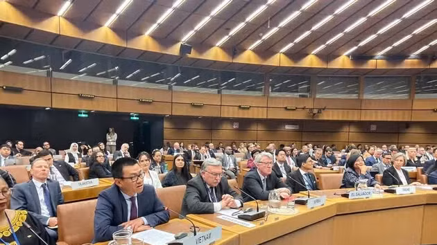 L’ambassadeur Vu Le Thai Hoang, chef de la Mission permanente du Vietnam auprès des Nations unies et des organisations internationales à Vienne, s'exprime lors de l'événement. Photo : VNA.