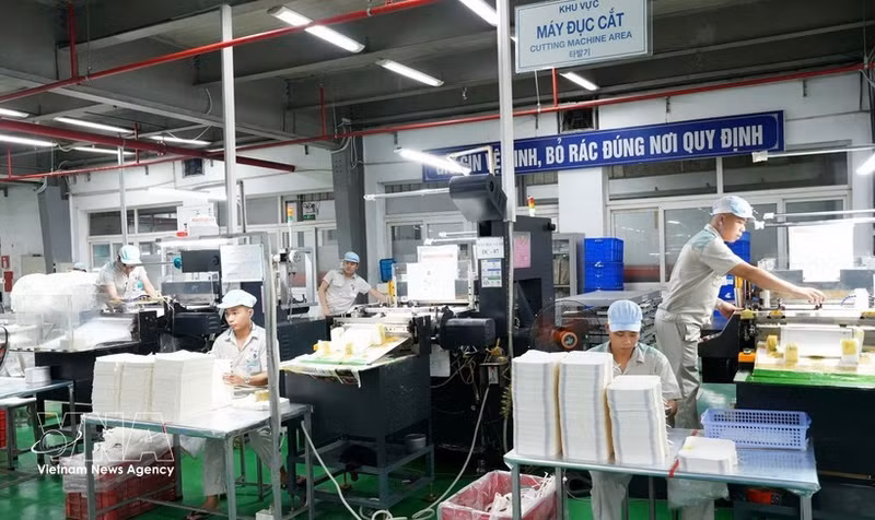 Chaîne de production d'emballages de la Société par actions de Production et d'Import-Export d'Emballages Thang Long, répondant aux exigences de nombreux clients nationaux et internationaux. Photo : VNA.
