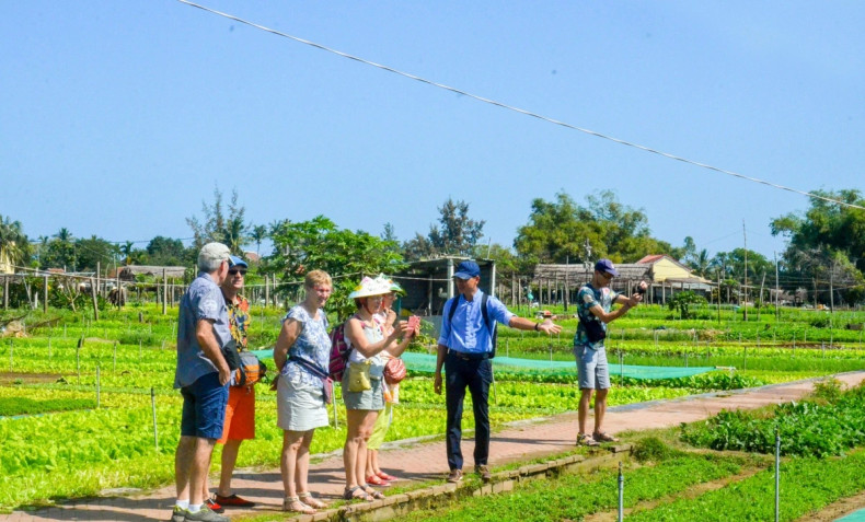 Des touristes internationaux visitent le village de légumes de Trà Quê. Photo : Centre culturel et d'information de Hôi An.