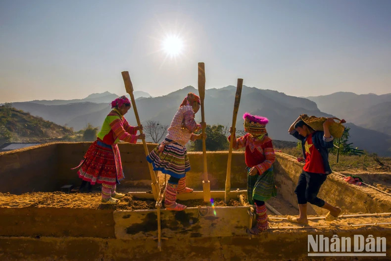 Les hommes du village transportent la terre, les femmes la tassent dans les moules. Chacun a sa tâche, tous unissent leurs forces pour bâtir une nouvelle maison. Photo: nhandan.vn Les hommes du village transportent la terre, les femmes la tassent dans les moules. Chacun a sa tâche, tous unissent leurs forces pour bâtir une nouvelle maison. Photo: nhandan.vn