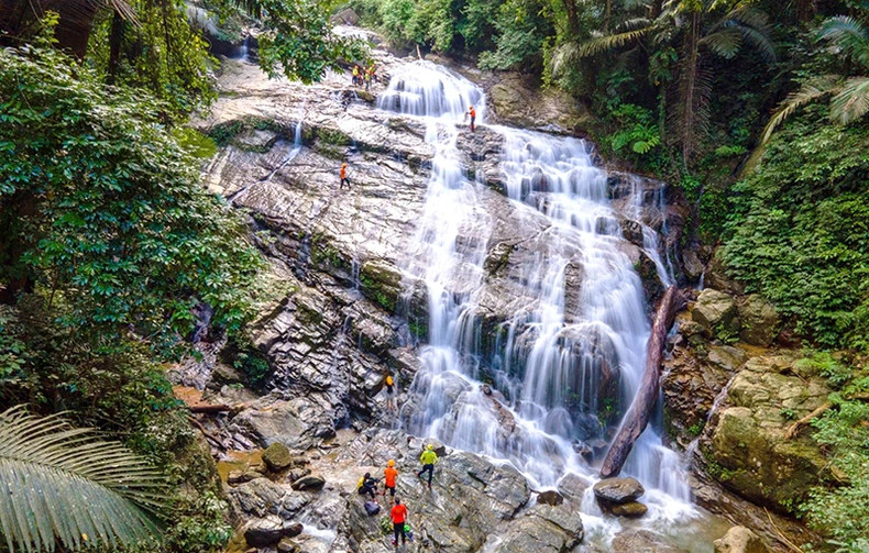 Les touristes font de la tyrolienne et franchissent la cascade Duong Câm dans la réserve naturelle de Dông Châu-Khe Nuoc Trong. Photo : nhandan.vn