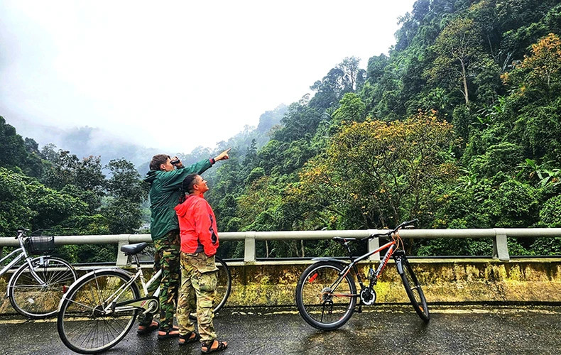 Des visiteurs étrangers font du vélo et observent la faune dans la réserve naturelle de Dông Châu-Khe Nuoc Trong, province de Quang Binh (au Centre). Photo : nhandan.vn