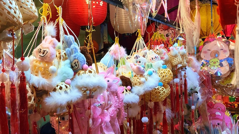 Vue rapprochée de lanternes Labubu très en vogue. Photo : VOV. Vue rapprochée de lanternes Labubu très en vogue. Photo : VOV.