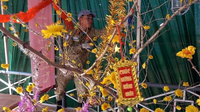 Décoration d’une branche d'abricotier pour célébrer le Têt vietnamien en Afrique. Photo : Équipe de génie militaire du Vietnamn°3.