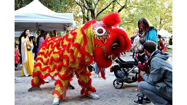 Un spectacle de la danse du lion lors de la fête de la famille vietnamienne en Belgique. Photo : VNA Un spectacle de la danse du lion lors de la fête de la famille vietnamienne en Belgique. Photo : VNA