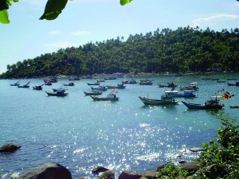 Sur la plage, de nombreux jeunes hommes utilisent des perches pour transporter des filets jusqu'au rivage afin que les femmes puissent récupérer des crabes, des calamars, des poissons pour les vendre. Photo : Chudu24.