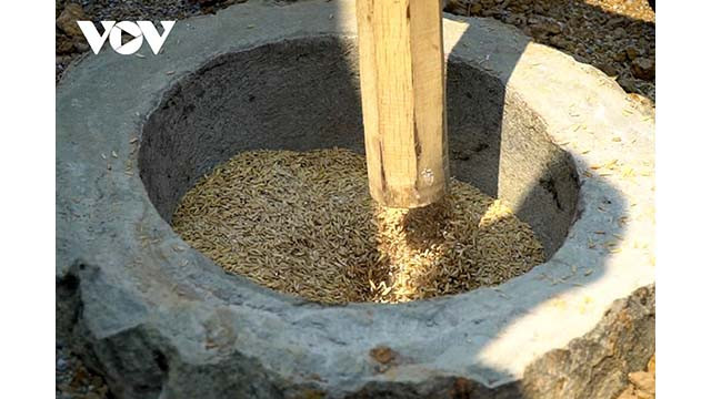 Avec des mortiers en pierre traditionnels et des pilons en bois, le riz est pilé pour créer des grains de riz pour la vie quotidienne. Photo : VOV. Avec des mortiers en pierre traditionnels et des pilons en bois, le riz est pilé pour créer des grains de riz pour la vie quotidienne. Photo : VOV.
