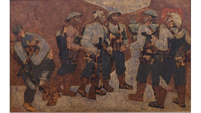 L'œuvre « Admission au Parti communiste du Vietnam à Diên Biên Phu » réalisée par le peintre Nguyên Sang en 1963 sur laque poncée. Photo : Musée des beaux-arts du Vietnam.