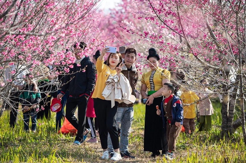 De nombreux groupes de visiteurs captent avec enthousiasme les plus beaux moments sur l'île aux fleurs de Pa Khoang. Photo : NDEL.