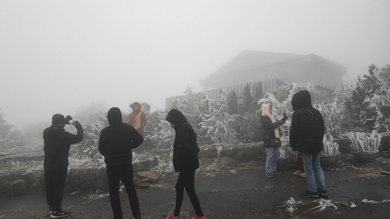 Les touristes affluent avec impatience au sommet de Mâu Son pour regarder la neige. Photo: VOV Les touristes affluent avec impatience au sommet de Mâu Son pour regarder la neige. Photo: VOV