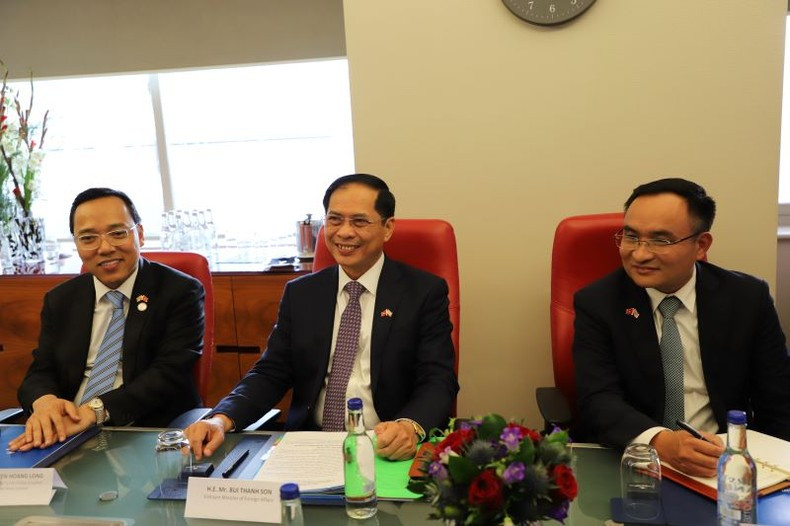 Le ministre des Affaires étrangères, Bùi Thanh Son (au centre) lors de la réception. Photo : NDEL.