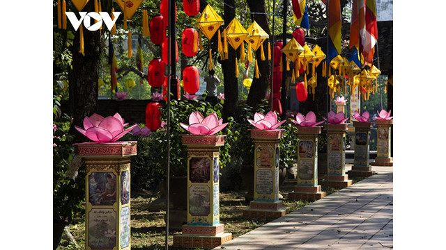 De drapeaux de la Patrie et de drapeaux bouddhistes, de lanternes forment une scène sacrée remplie de l'atmosphère joyeuse de la population de Huê pour accueillir le 2567è anniversaire du Bouddha. Photo : VOV. De drapeaux de la Patrie et de drapeaux bouddhistes, de lanternes forment une scène sacrée remplie de l'atmosphère joyeuse de la population de Huê pour accueillir le 2567è anniversaire du Bouddha. Photo : VOV.