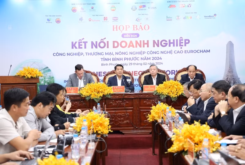 Vue générale de la Conférence de presse sur le Forum de connexion d’affaires de Binh Phuoc - EuroCham 2024, le 29 février dans la province de Binh Phuoc. Photo: baodautu.vn.
