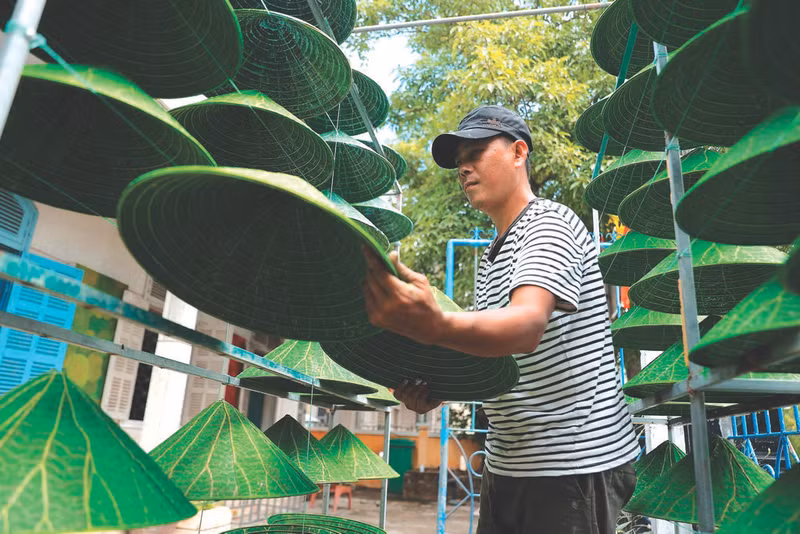 Avec une couche de vernis protecteur, après avoir été exposé au soleil, le chapeau en feuilles de lotus est désormais terminé.