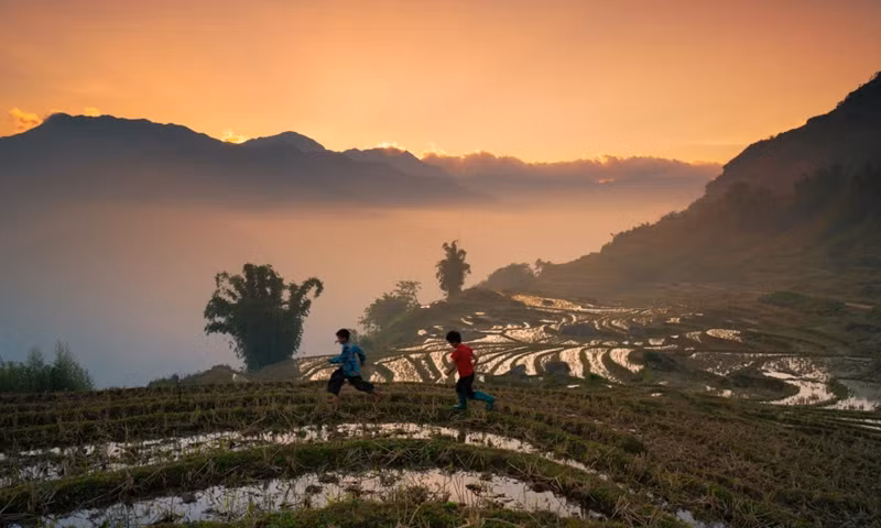 En novembre 2020, à Ngai Thau, la commune la plus haute de Lao Cai, M. Viet a rencontré deux enfants conduisant des buffles et jouant dans un paysage de nuages plongeant dans la vallée.