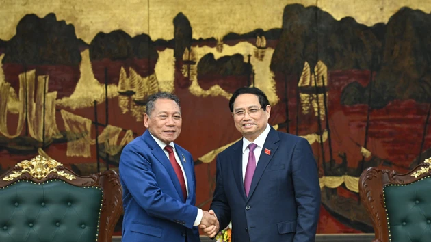 Le Premier ministre Pham Minh Chinh (à droite) et le ministre des Affaires étrangères et du Commerce extérieur des Îles Salomon, Peter Shanel Agovaka. Photo : nhandan.vn