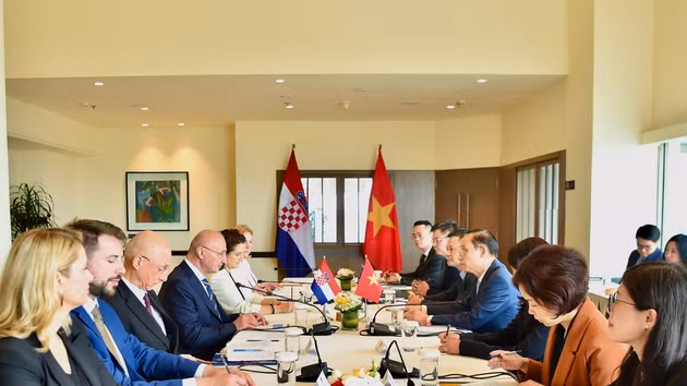 Le ministre vietnamien des Affaires étrangères, Lê Hoai Trung (droite) s'entretient avec le ministre croate des Affaires étrangères et européennes, Gordan Grlić Radman, en visite officielle au Vietnam. Photo: Ministère vietnamien des Affaires étrangères 