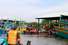 Les forces compétentes patrouillent les bateaux de pêche au port de Phu Hai, province de Lam Dong. Photo : VNA.