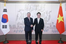 Le secrétaire général du Parti communiste du Vietnam, Tô Lâm et le président sud-coréen Lee Jae Myung se serrent la main. Photo : VNA.