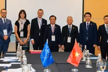 Le vice-président de l'Assemblée nationale, Le Minh Hoan, et le chef de la délégation du Parlement européen, Woute Beke, ainsi que des délégués des deux parties lors de la rencontre. Photo : NDEL.