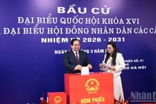 Le Premier ministre Pham Minh Chinh et son épouse déposent leurs bulletins de vote dans l'urne. Photo : NDEL.