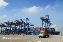 Des camions de conteneurs au port international de Gemalink, au sein du complexe portuaire de Cai Mep (quartier de Tân Phuoc). Photo : VNA.