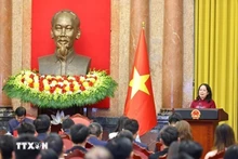 La vice-présidente de la République, Vo Thi Anh Xuan, s'exprime à la rencontre avec les délégués du 6e Forum mondial des jeunes intellectuels vietnamiens. Photo : VNA.
