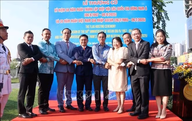 Le vice-président du Comité populaire de Ho Chi Minh-Ville, Nguyen Manh Cuong (4e, à gauche), et des consuls généraux et honoraires des pays membres de l’ASEAN à la cérémonie. Photo: VNA