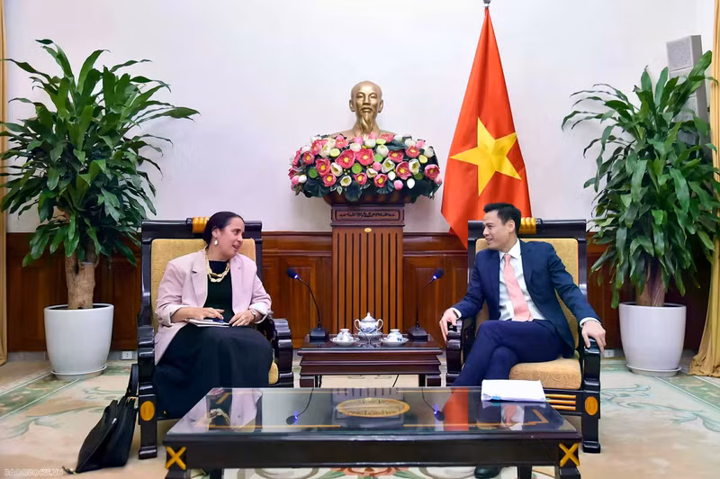Le vice-ministre vietnamien des Affaires étrangères, Dang Hoang Giang (à droite), et Tredene Dobson, conseillère principale du Groupe des affaires multilatérales et juridiques du ministère néo-zélandais des Affaires étrangères et du Commerce. Photo : baoquocte.vn