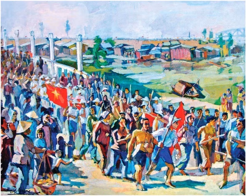 La peinture « Tan An en août 1945 » de l'artiste Huu Phuong. Photo : VO MANH HAO.