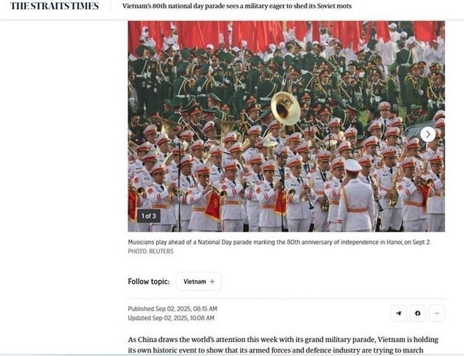 The Straits Times (Singapour) a mis l'accent sur la démonstration de modernisation des équipements militaires vietnamiens. Photo : VNA. vna-potal-bao-chi-quoc-te-dua-tin-dam-net-ve-le-ky-niem-dieu-binh-dieu-hanh-80-nam-quoc-khanh-29-8252025.jpg