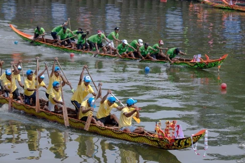 La course de pirogues traditionnelles constitue une tradition culturelle ancienne et emblématique des Khmers du Sud du Vietnam. Photo : NDEL