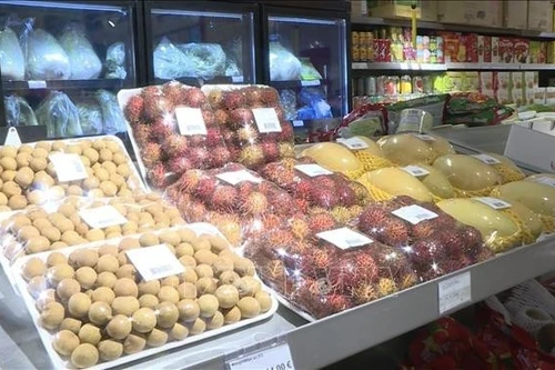 Des fruits frais vietnamiens présentés dans les supermarchés en France. Photo : VNA.