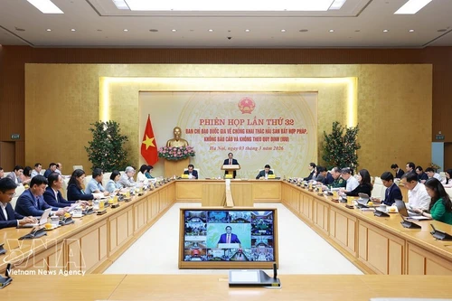 Le Premier ministre Pham Minh Chinh prend la parole lors de la 32e réunion du comité national de pilotage pour la lutte contre la pêche INN, le 3 mars. Photo : VNA.