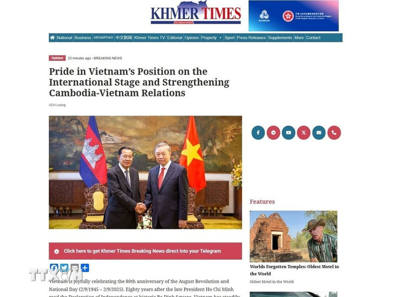 L'article publié dans le Khmer Times, le 28 août 2025. Photo : VNA.
