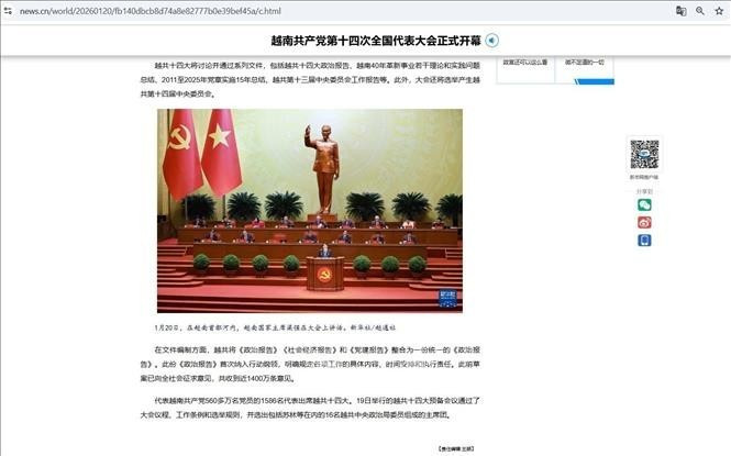 L’agence chinoise Xinhua couvre la séance d’ouverture du XIVᵉ Congrès national du Parti communiste du Vietnam. Photo: VNA.