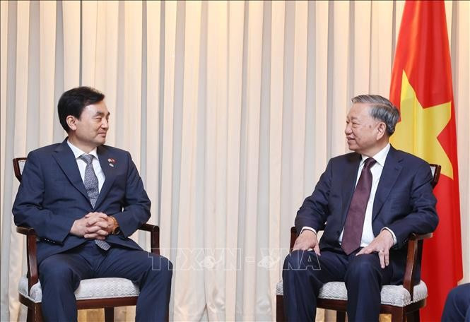 Le secrétaire général du PCV To Lam (droite) rencontre Ahn Gyu Back, ministre de la Défense sud-coréen et aussi président du Groupe des parlementaires d’amitié République de Corée – Vietnam. Photo : VNA.